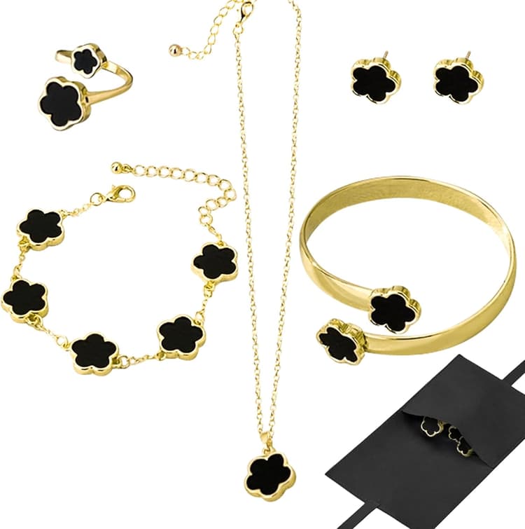 Lucky Flower Alloy Jewelry, Lucky Flower Design Necklace Earrings Bracelet Bangle Ring Jewelry Set, Clover Gold Plated Chain Wrap Ornament & Plush Pouch for Women