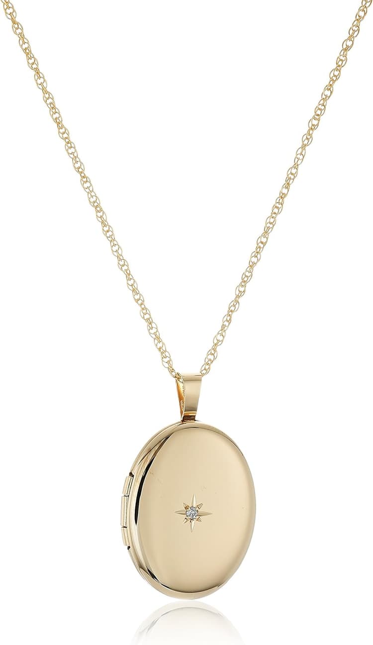 Amazon Essentials 14k Gold-Filled Polished Oval Pendant Locket Necklace with Genuine 0.01 cttw Diamond, 18"