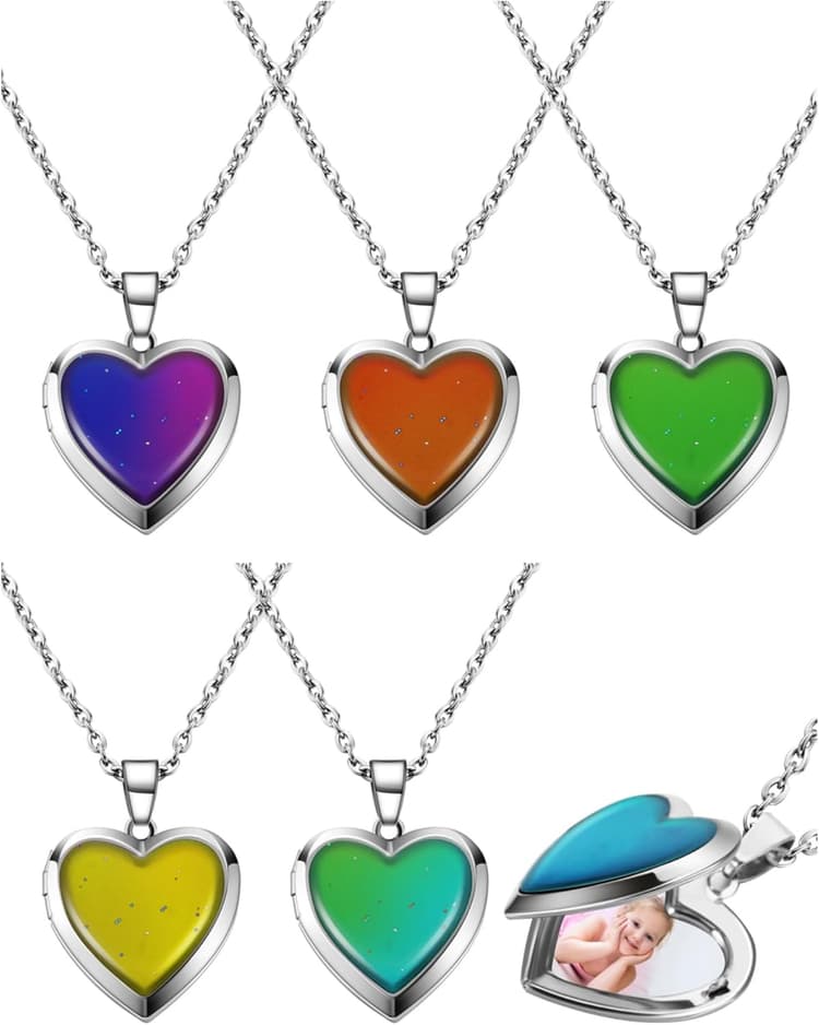 Hicarer 4 Pcs Colliers Médaillon d'Humeur pour Enfant Cadeau Saint Valentin Anniversaire Colliers Pendentif Photo de Coeur Collier à Détection de Température Changement de Couleur Bijoux pour Filles