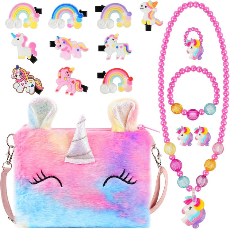 OSDUE Peluche Licorne Sac a Main Bijoux, Collier Bracelet des Boucles d'oreilles Bagues Kit Bijoux Princesse Accessoire Anniversaire Cadeau 16pcs
