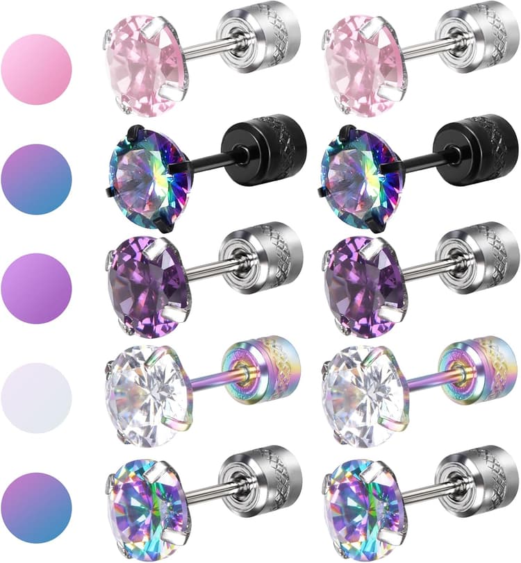 Lot de 5 paires de boucles d'oreilles en titane pour femmes et hommes - Acier chirurgical - Boucles d'oreilles à vis hypoallergéniques - Clous d'oreilles arc-en-ciel - Oxyde de zirconium 5A double