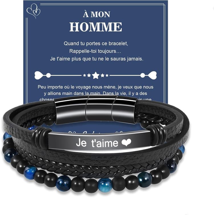 VGWON Cadeau pour Homme Bracelet cuir VéRitable avec Pierres Naturelles, Cadeau pour Couple Mari Petit-Ami Fils Papa Grand pere, Cadeau pour Saint-Valentin Fete des Peres NoëL Anniversaire