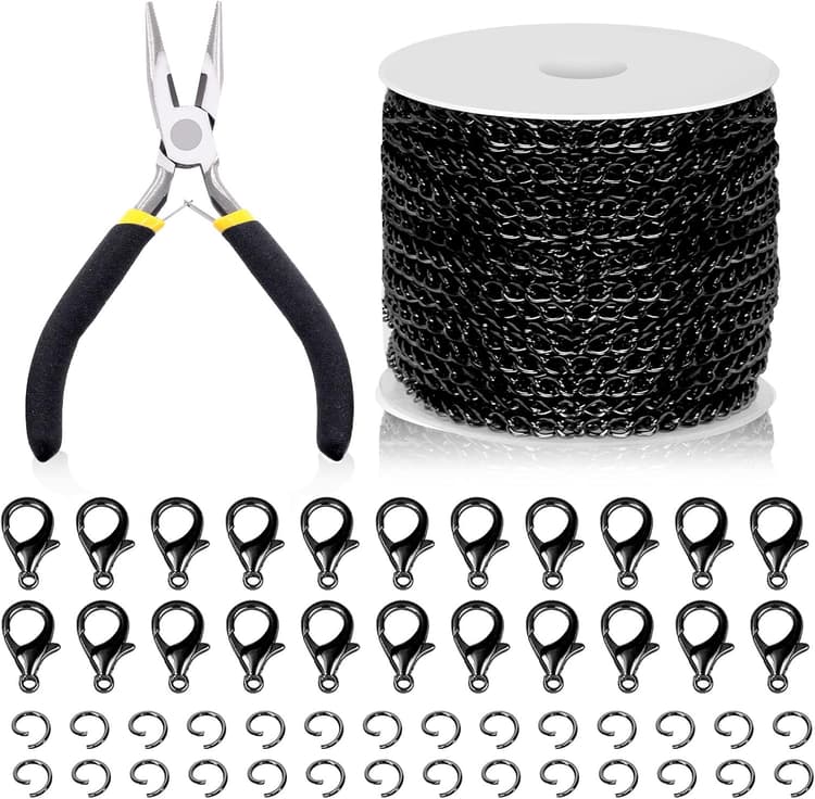 Swpeet Lot de chaînes à maillons pour bijoux et colliers, 9,1 m x 3 mm, 102 unités, anneaux de saut, fermoir mousqueton, pinces à bijoux, couleur noire