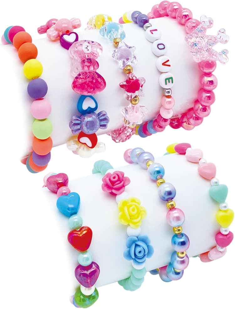 9 PCS Cute Kids Bracelets for Girls Pink LOVE Beaded Bracelets Little Girls Costume Jewelry Princess Party Favors Pretend Play Birthday Easter Christmas Valentines Toddler Jewelry
