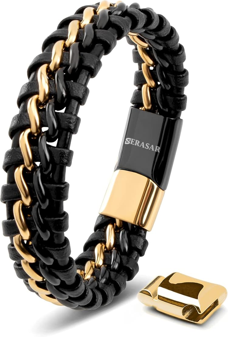SERASAR Bracelet Cuir Homme [Steel] – Noir/Argent/Or, avec Fermoir Magnétique en Acier Inoxydable, Bracelet Ajustable Homme et Ado Garçon, Accessoires de Bijoux, Idée Cadeau pour Mari, Petit Ami