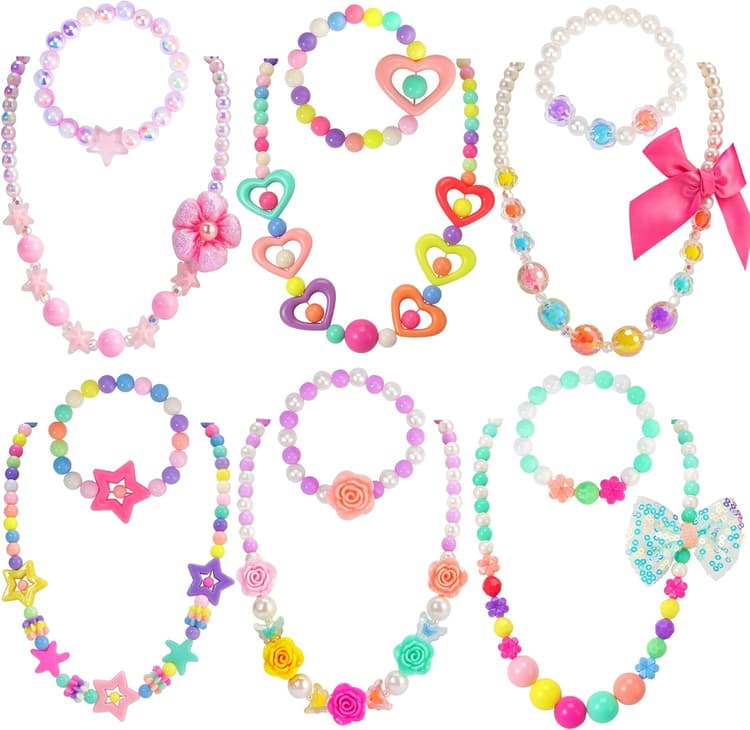 PinkSheep Kids Classic Jewelry, 6 Sets of Beaded Necklaces and Bracelets for Girls, Favors Bags for Girls Jewelry (Classic)