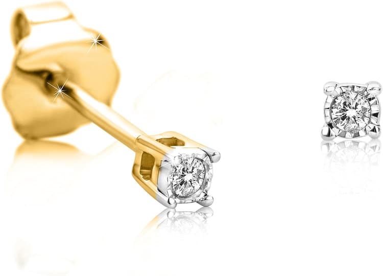 Orovi Boucles D'Oreilles Femme Or Blanc/Or Jaune 9 Carats 375 avec Diamants 0.02 Ct serti 4-Griffe, Bijoux Femme Or Hypoallergéniques - Clous D'Oreilles Soiltaires Faits à la Main avec Boîte à Bijoux