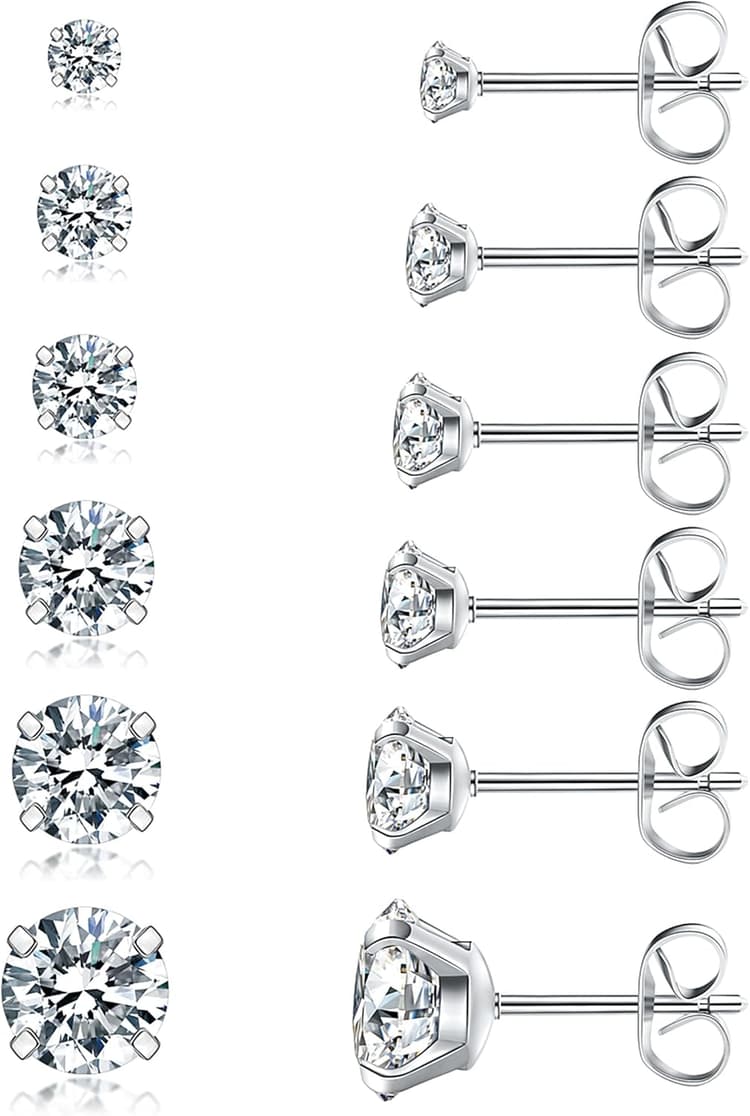6 Pairs Stud Earrings Set, Hypoallergenic Cubic Zirconia 316L Earrings Stainless Steel CZ Earrings 3-8mm (Steel color)