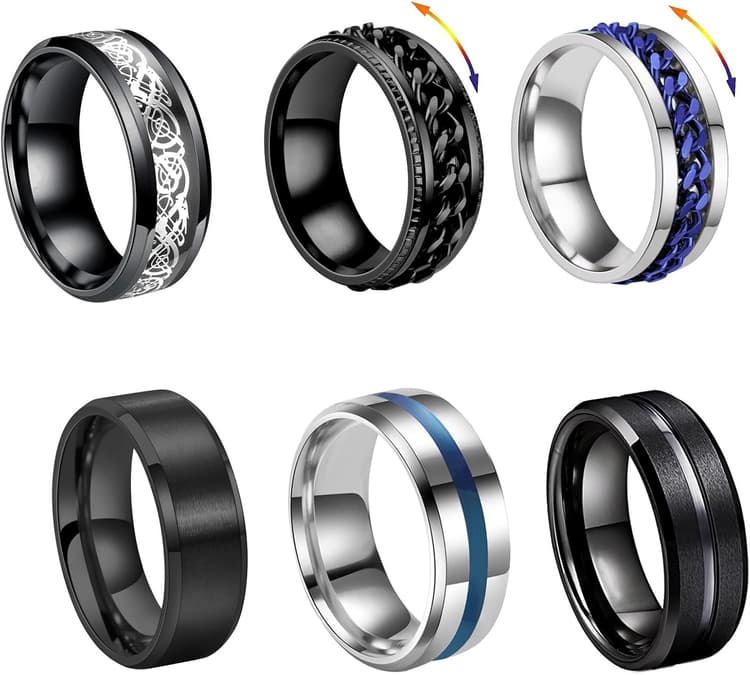 6 PCS Bague Hommes Acier Inoxydable, Argent Noir Tournante Chaîne Rock Bague, Bagues Argent Mat Poli Noeud Celtique Vintage Gothique Anneaux Mariage Promise Bande Anneau Taille
