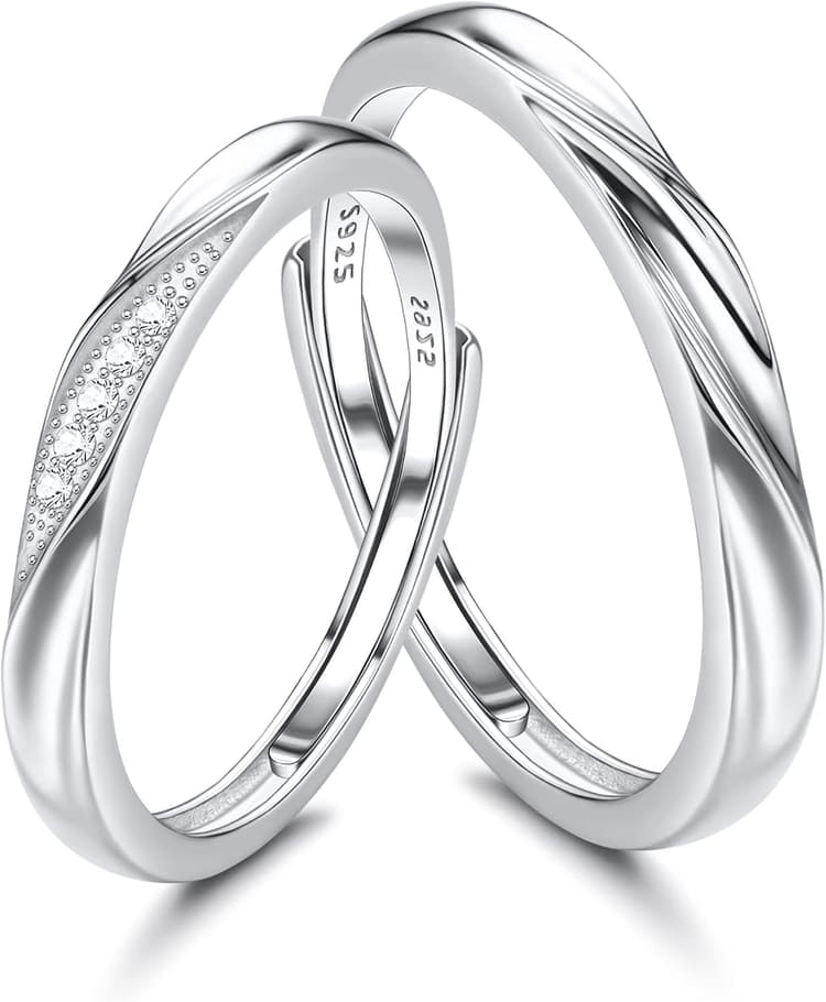 Couple Bague 925 Argent Sterling Bagues fiançailles Couple Anneau Ensembles Anneau Mariage Réglable pour Amoureux Mariage Anniversaire Cadeau