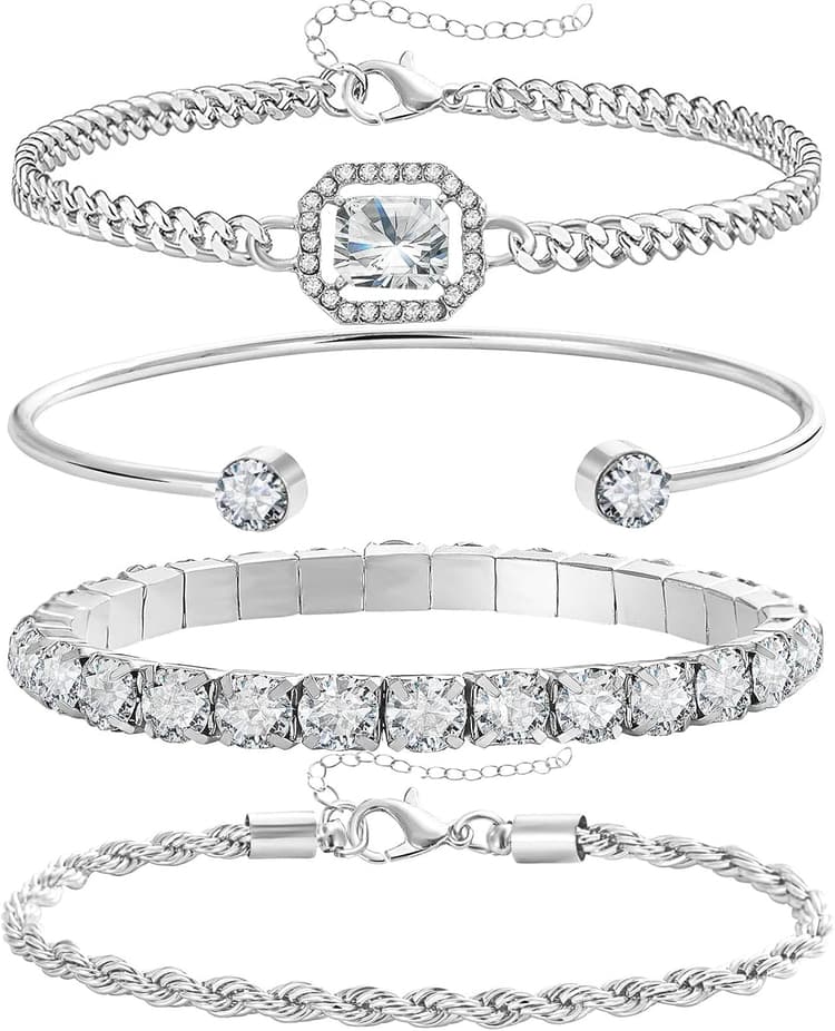 4 Pcs Dainty Gold Silver Bracelets Set for Women 14K Plated Link Cubic Zirconia Paperclip Stake Layering Chain Adjustable Trendy Hand Jewelry