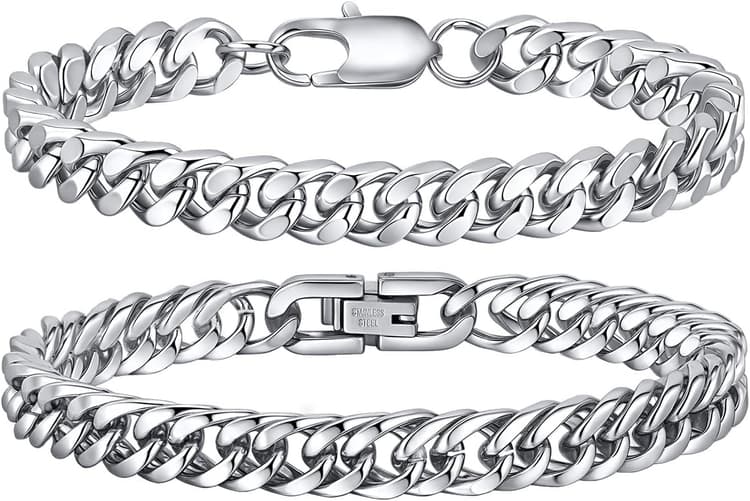 Gamtic 2Pcs Bracelet Homme Gourmette - Chaîne Bracelet Figaro Cubaine en Acier Inoxydable, Argent/Or/Noir, 19cm/21cm/23cm, Bijoux Homme Cadeau Anniversaire Noël