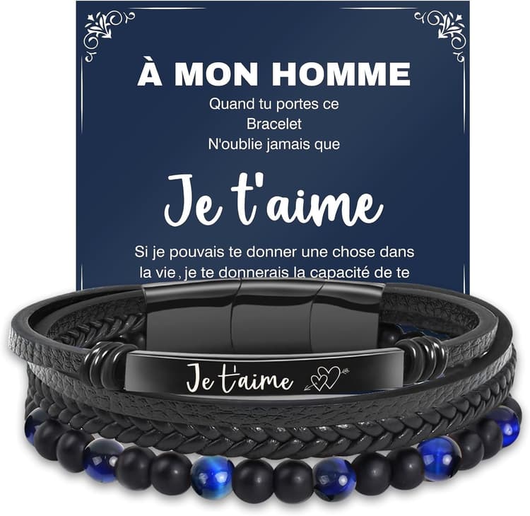 Meleager Bracelet Homme, Idee Cadeau Homme, Bracelet Personnalisé avec Je t'aime, Cadeau Amoureux Homme pour Anniversaire, Saint Valentin, Noël, Mariage
