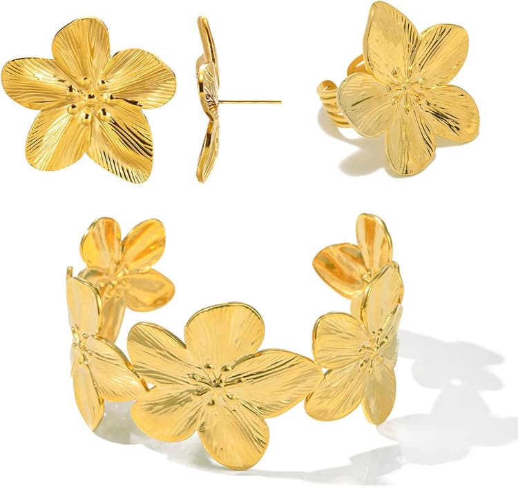 Bracelet Manchette Ouverte, Réglable Bague, Fleurs Boucles D'oreilles, Parure Bijoux Ensemble Fleurs Glamour, Or Parure de Fleurs pour Femmes Filles, Cadeaux pour les Anniversaires et Noël