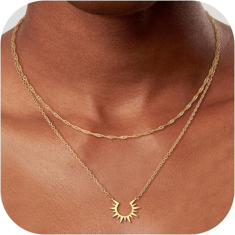 Dochais Collier Pour Femme, Collier en Or 14 Carats, Colliers Superposés en or, Collier Avec Pendentif Trombone, Fleur, Papillon, Soleil,Ensemble de Colliers Cadeaux Pour Femmes et Filles