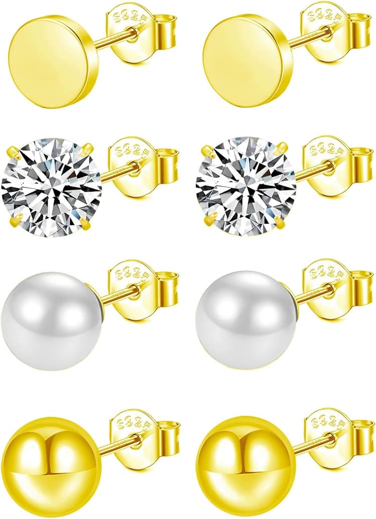 Lots de 4 Paires Boucles d'oreilles Femme en Argent 925 Plaqué Or 18K Boucles d'oreilles Boules Perles Boucles d oreilles Diamant Zirconium Rond Clous d'oreilles Or Hypoallergénique