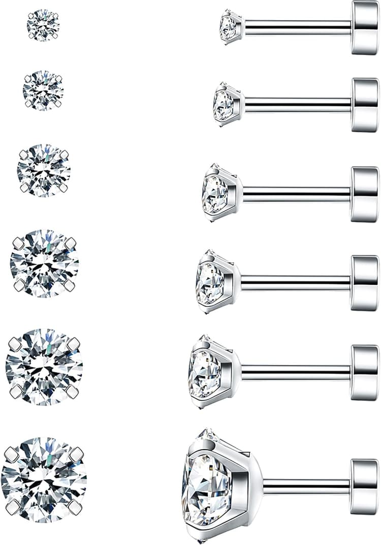 6 Pairs Hypoallergenic Cubic Zirconia Earrings Surgical Steel Flat Back Studs for Cartilage, Screw Back Fashion Jewelry