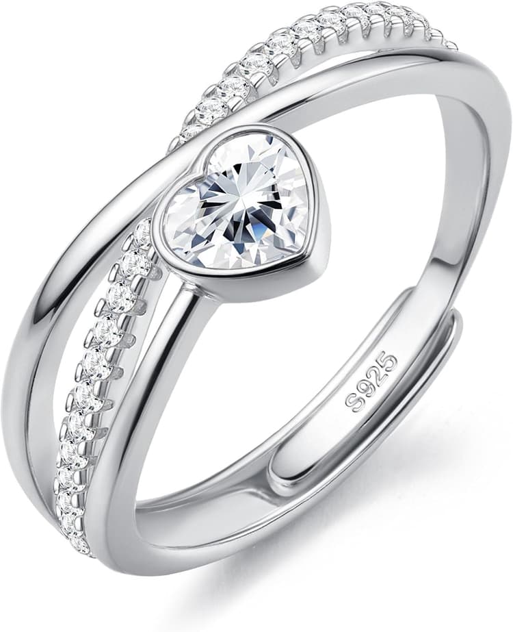 JeweBella Bague Argent 925 Femme Réglable Étoile Coeur Zircone Cubique Bague Hypoallergénique Cœur Étoile Amour Fiançailles Promesse Mariage Alliance Femme Cadeau Argent Or Rose Gold