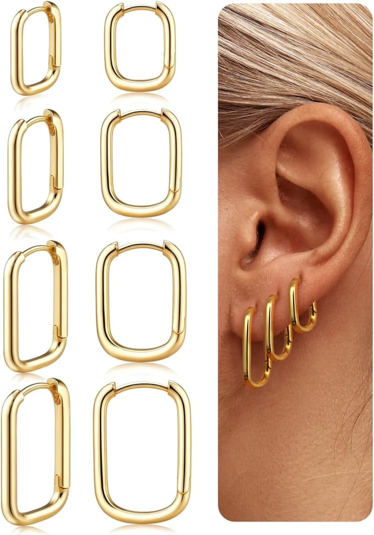 Chriscoco 4 Paires Boucles d'oreilles Creoles Femme Hypoallergénique Boucles d'oreilles Argent Or 14k Coeur/Rectangle/Étoile Boucles d Oreilles Creoles Bijoux pour Femmes