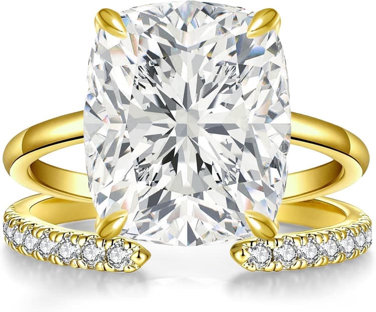 AVECON 3CT/5CT Elongated Cushion Cut Engagement Ring Set for Women, Wedding Promise Cubic Zirconia Band, 14K Gold/White Gold Plated Stackable Adjustable Bridal Half Eternity Open Rings, Size 5-9