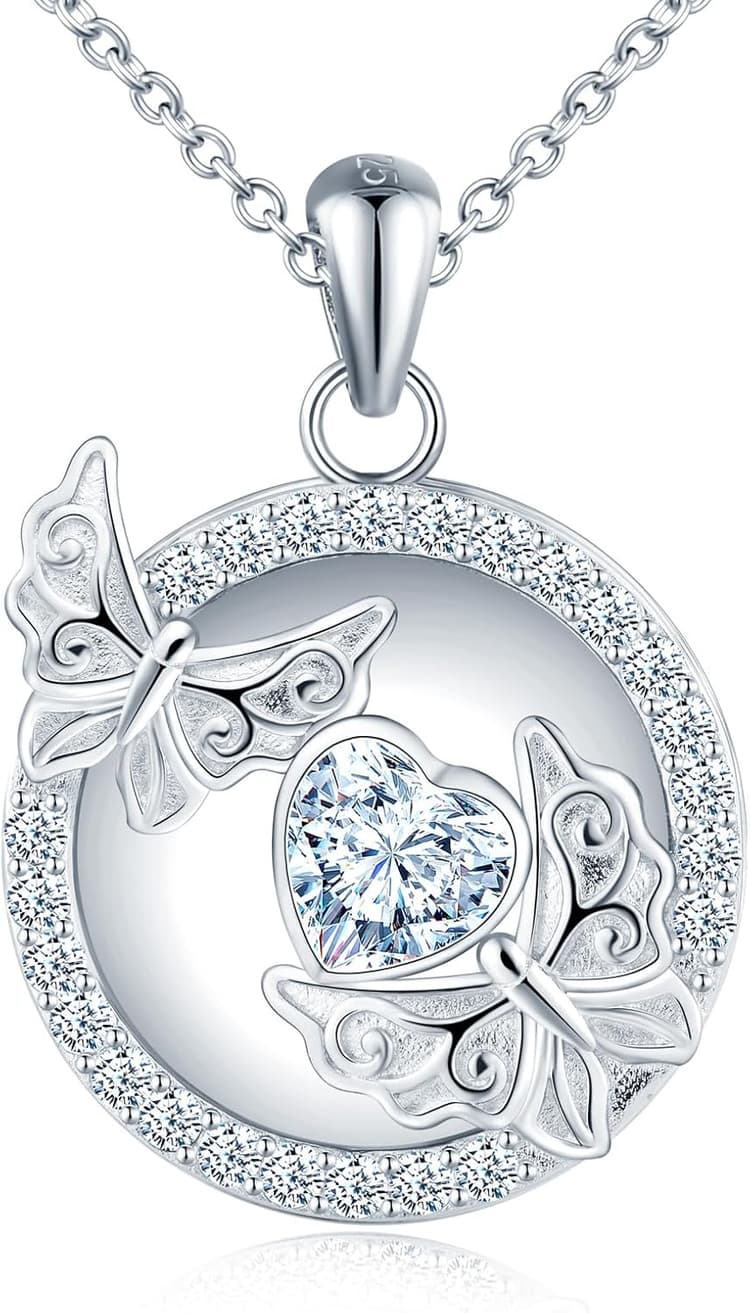 MicLee Collier Photo Médaillon en Argent 925 Femme Fille Pendentif Locket de Papillon avec Cœur Zirconia Breloque Squelette Ouvrable Ronde Collier Amulette Mémorial Bijoux Elégant