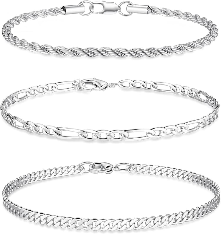 JeweBella 3 Pièces Bracelet Homme Acier Inoxydable Argent Or Bracelet Chaine Figaro Gourmette Corde Robuste Durable Bijoux Cadeaux Homme 19/21/23CM