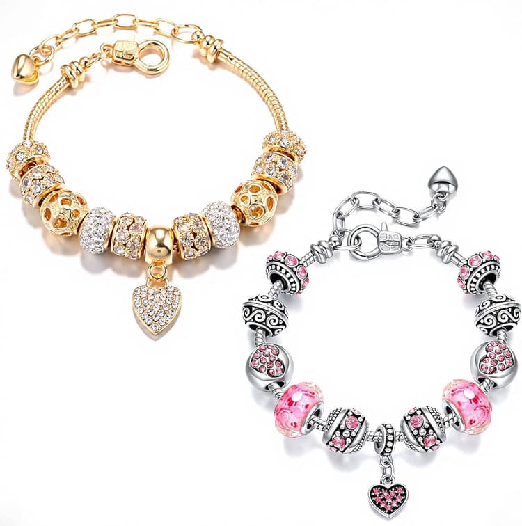 2 Pack Charm Bracelets Pink and Gold Heart Silver Plated Charm Bracelet, DIY Jewelry for Women Gifts, with Beads, Crystal, Charms, Love and Adjustable Snake Chain, Fits 7.5"+1.5"