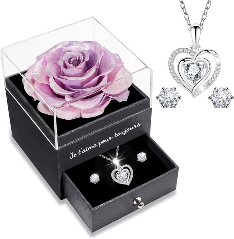 Sunia Rose Eternelle avec Bijoux Argent 925,Collier Coeur Boucles d'oreilles,Coffret Cadeau Femme,Rose Préservée avec Collier,Cadeau Anniversaire Femme,Amour Cadeau,Fete des Meres,Noël,Saint-Valentin