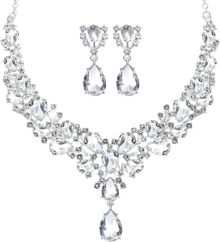 Hicarer Bridal Teardrop Cluster Crystal Jewelry Set for Women Necklace Earrings Wedding