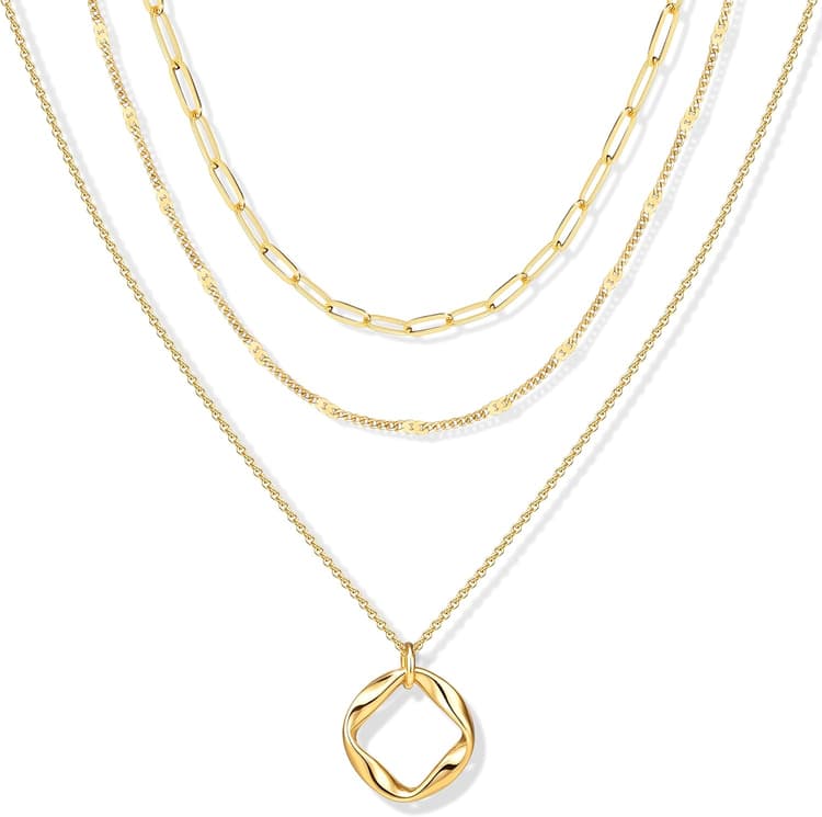 Poxtex Layered Gold Necklaces for Women, Stackable Dainty 14K Gold Silver Plated Trendy Simple Heart Diamond Cross Bow Circle Pendant Paperclip Choker Dot Chain Necklace,Jewelry Set Gifts for Women