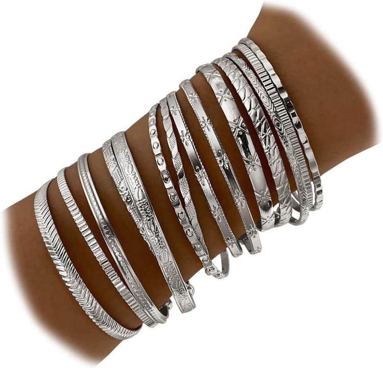 IFKM Gold Bangles Bracelets For Women, 14k Gold Plated Multi Layer Stackable Open Bracelet Set, Elegance Trendy Charms Non Tarnish Minimalist Textured Boho Jewelry Gift for Women