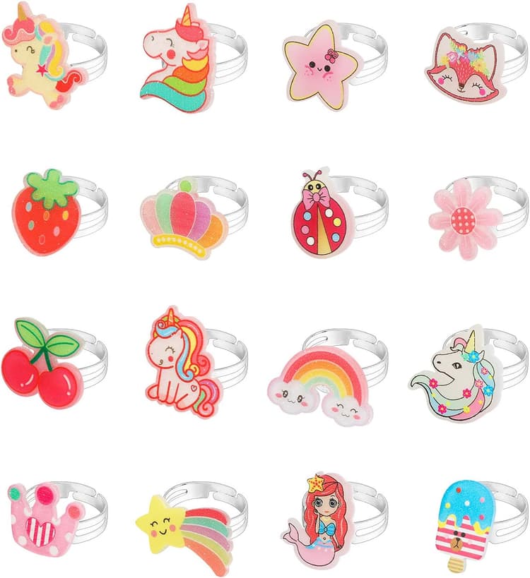 HIFOT 16 Pièces Bagues pour Filles, Réglables Anneau pour Enfants avec Boîte De Coeur Rose, Princesse Kit Bijoux Pretend Play Dress up Rings