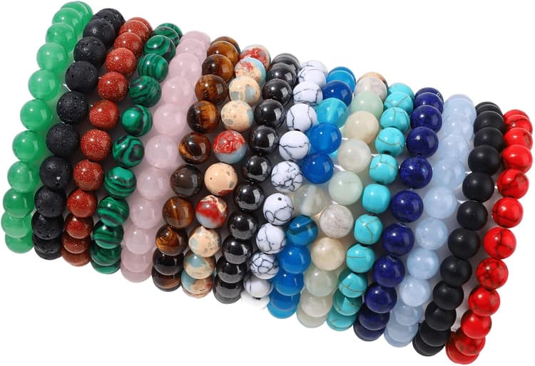 FIRAZIO 16PCS Semi-Precious Gemstone Bracelet - Crystal Stone Beaded Bracelets for Women Men 8mm Round Beaded Stretch Bracelets Unisex Yoga Bracelets Gifts (16Pcs)