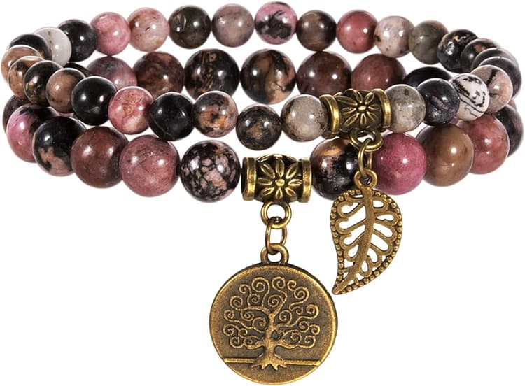 Farfume Chakra Bracelet En Pierre Naturelle - Bracelet Perles Naturelles Femme-Ensemble De Deux Bracelets Avec Accessoires Arbre De Vie Et Feuille