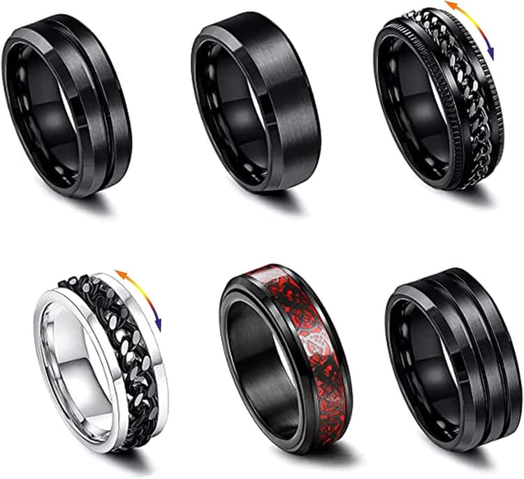 Homme Bagues en Acier Inoxydable, 6 pièces Acier Inoxydable Bague pour Homme Noir Argent, 54-70