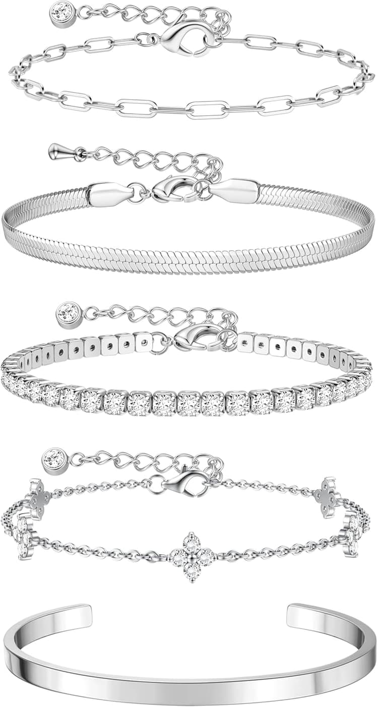 KRFY 5 Bracelet Femme Argent Or Ensemble De Bracelets Superposés Bracelet Acier Inoxydable Femme Argent Empilables Bracelets Réglable Zircon Tennis Chaîne Trombones Bijoux Bracelets Pour Filles
