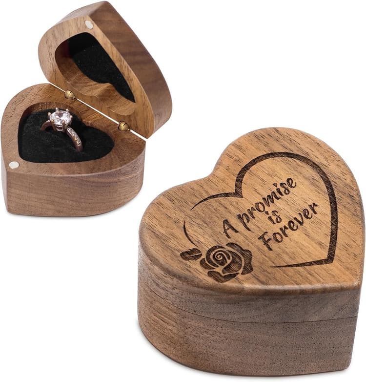 Engagement Proposal Ring Box Secret Slim Hidden Wooden Heart Shaped Engraved Case Ring Bearer Box Holder for Wedding Ceremony, Commemoration Day (A Promise Is Forever)