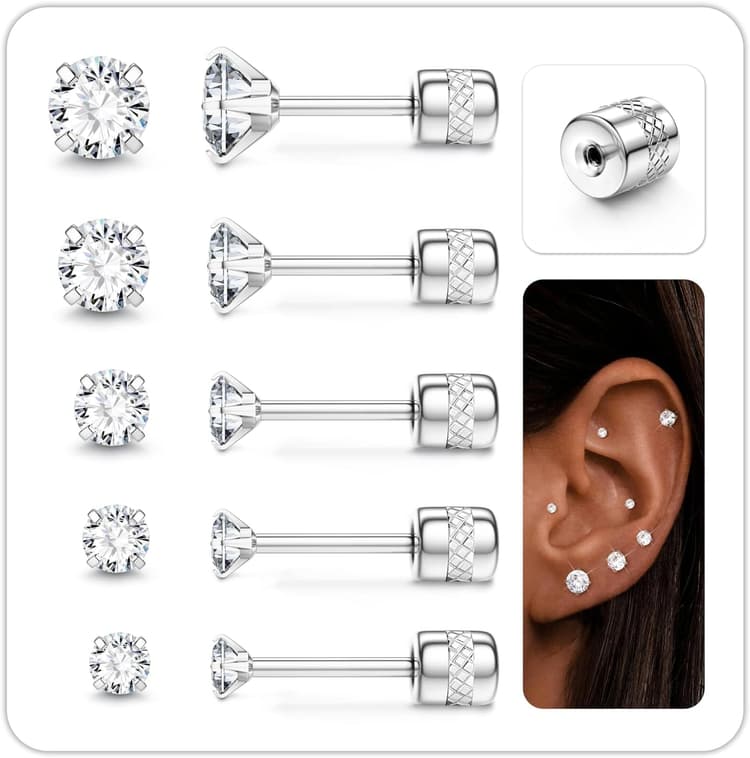 CASSIECA 5 Paires Zirconium Boucles d'Oreilles à Visser pour Femme Homme Boucles d'Oreilles Acier Inoxydable Hypoallergenique Boucles d'Oreilles Femmes Tragus Helix Piercing pour Oreilles Sensibles