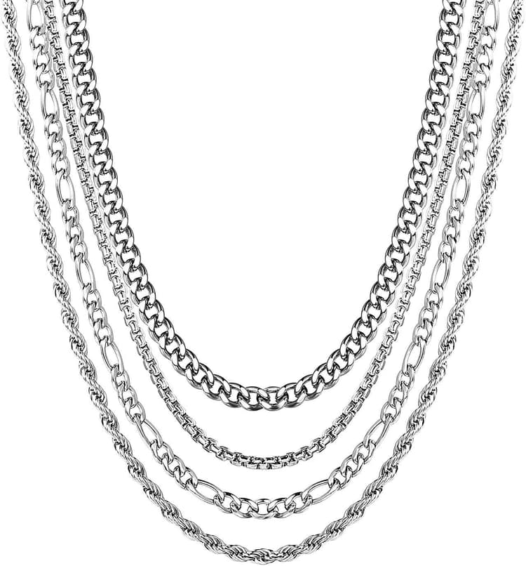 YADOCA 4PCS Argent Chaîne Hommes Acier Inoxydable Collier pour Hommes Femmes Corde Cubaine Figaro Box Chaîne Homme Collier, Cadeaux pour Femmes Filles Homme Garçons