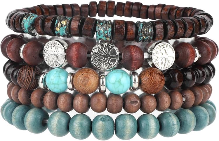 5pcs Life Tree Beaded Bracelets for Women, Multilayer Boho Bracelets Stackable Handmade Wood & Alloy Bead Elastic Bracelet Jewelry Gifts for Women Men