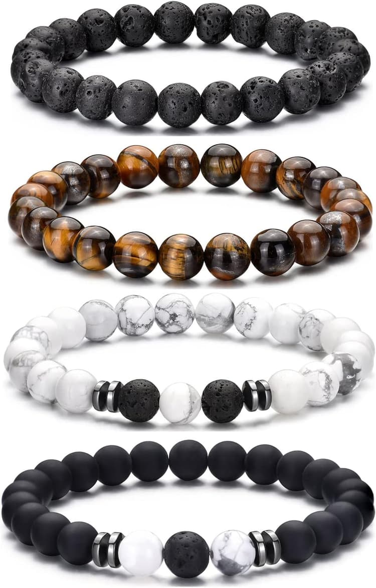 Bracelet œil de tigre pour hommes, ensemble de bracelets de perles en pierre naturelle de 8MM, bracelets extensibles en pierre de lave, réglables, en perles de cristal noir, cadeaux pour hommes