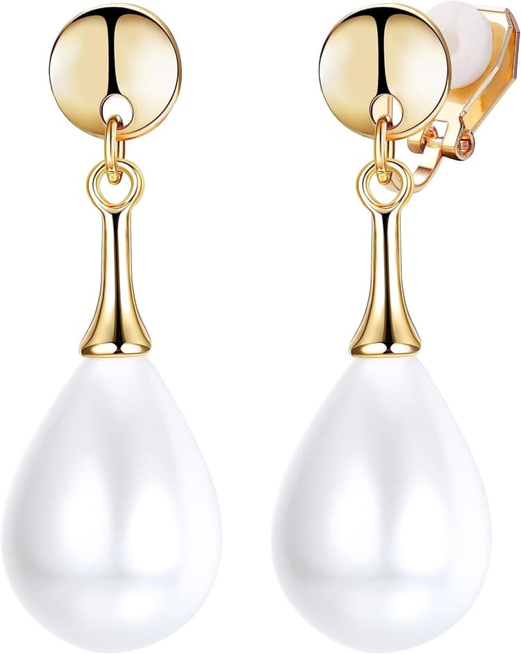 Adramata Clip sur Boucles d'Oreilles avec Perles pour Femmes Boucles d'Oreilles Pendantes Clip Boucles d'oreilles en Perles Argent Fantaisie Boucles d'Oreilles Non Piercing