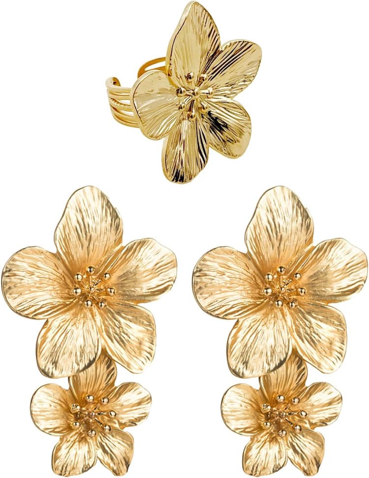 Fleurs en Or: Boucles d'oreilles Longues et Bague Fleur - Grandes Boucles d'oreilles pour Femme