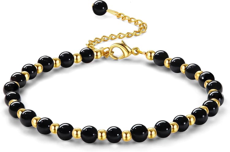 Adramata Bracelet Pierre Naturelle Femme Bracelets en Pierre Naturelle de 5MM Bracelet de Perles en Acier Inoxydable de 3MM Bracelets Plaqués Or Bracelet Bohème en Cristal Bracelet pour Femme Cadeau