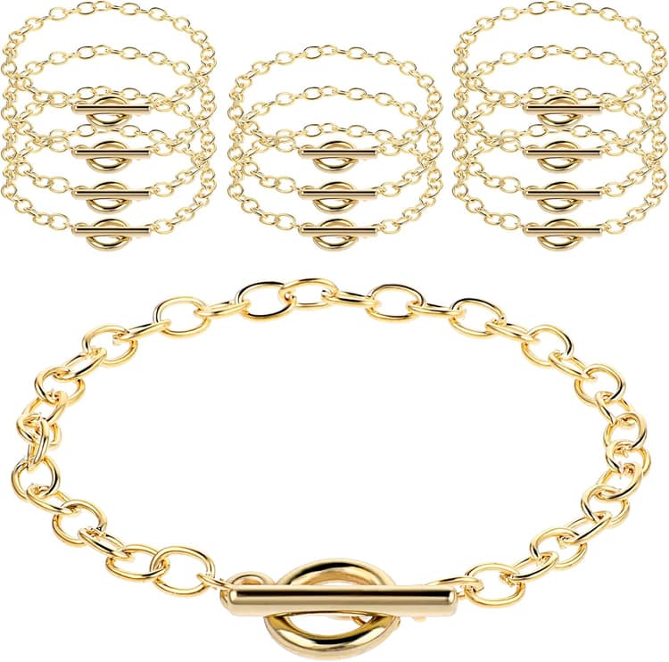 Prasacco 12 Pcs Bracelet Chains for Jewelry Making, Chain Bracelet for Women, Link Chain Bracelets with OT Toggle Clasp, Charm Bracelets for Jewelry Making (Gold)