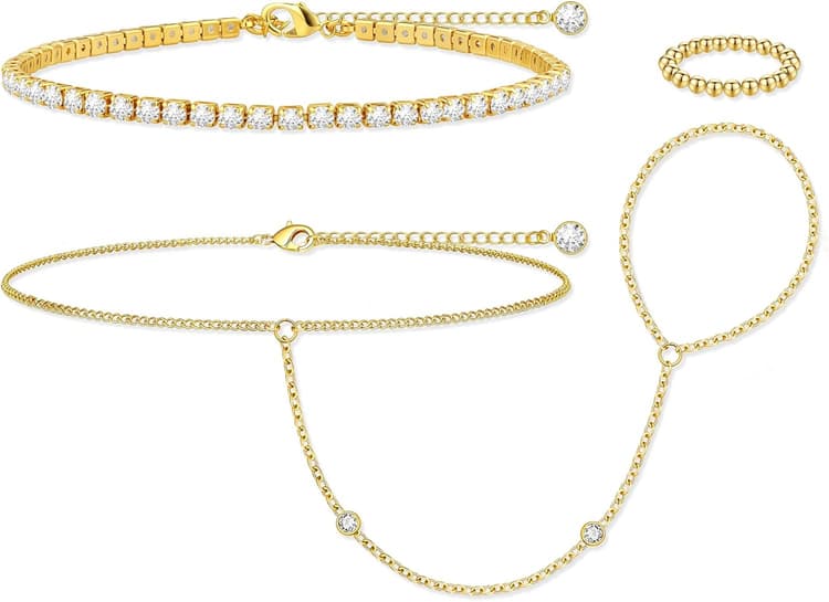 Gold Hand Chain Bracelet for Women-3PCS 14K Gold Plated Trendy Dainty Adjustable Stackable Tennis Link Ring Bracelet Hand Chain, Elastic Beaded Rings Non Tarnish Jewelry Gift for Women