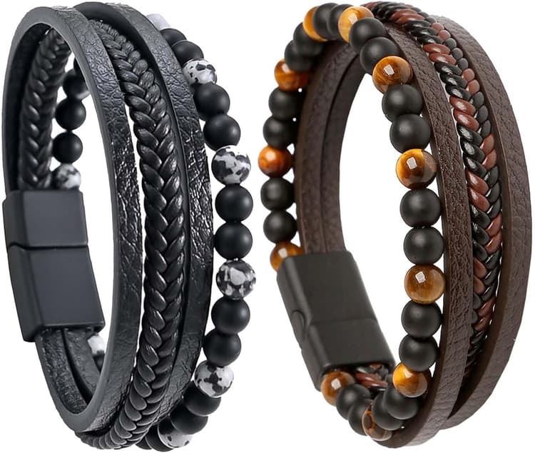 2PCS Bracelet Cuir Homme, Bracelet Homme Cuir 21cm, Bracelet Personnalisé Noir Et Marron, Bijoux Homme, Perle pour Convient pour Cadeau Anniversaire Saint Valentin
