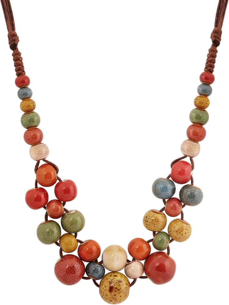 MINACHI Hippie Boho Colorful Ceramic Round Beads Strand Necklace, Bohemian Fashion Statement Jewelry Gift for Women