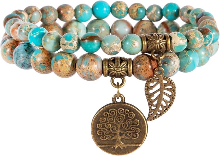 Farfume Chakra Bracelet En Pierre Naturelle - Bracelet Perles Naturelles Femme-Ensemble De Deux Bracelets Avec Accessoires Arbre De Vie Et Feuille