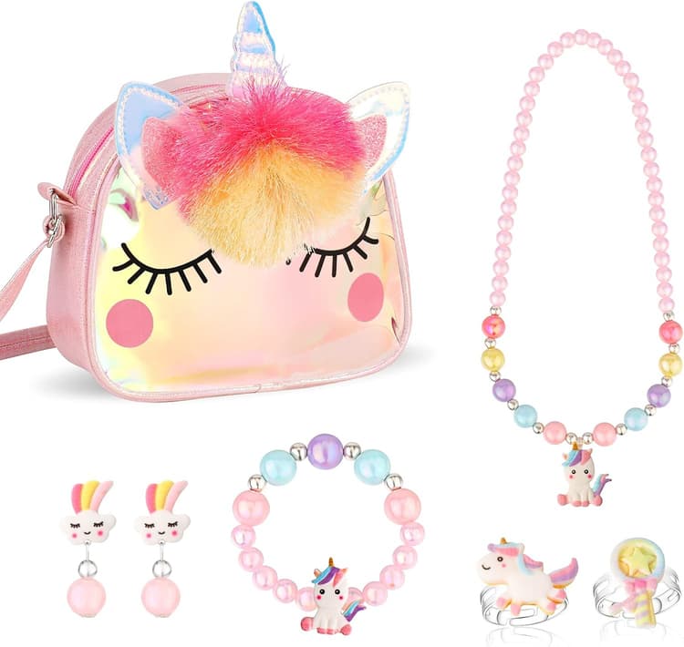 Hifot Licorne Sac a Main Bijoux Enfants Fille, Unicorn Collier Bracelet Boucle d'oreille Bagues kit Bijoux pour Cadeau Anniversaire de Fête